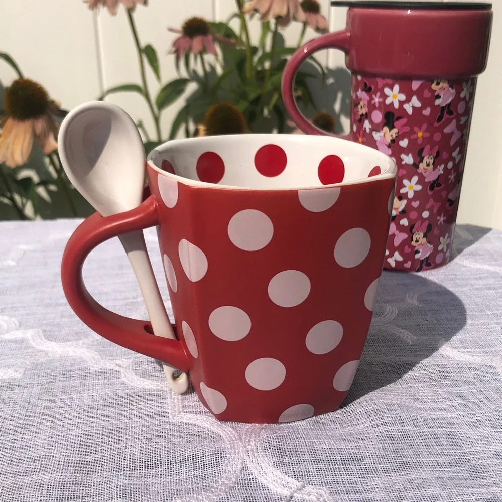 DISNEY MINNIE MOUSE soup hot chocolate mug w/ spoon & travel mug with lid